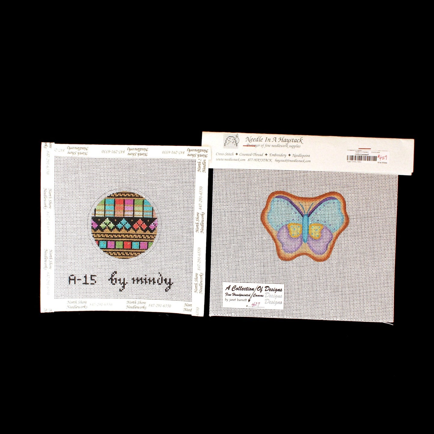 2 HAND PAINTED NEEDLEPOINT CANVAS LOT: MINDY ORNAMENT, COD BUTTERFLY BM1