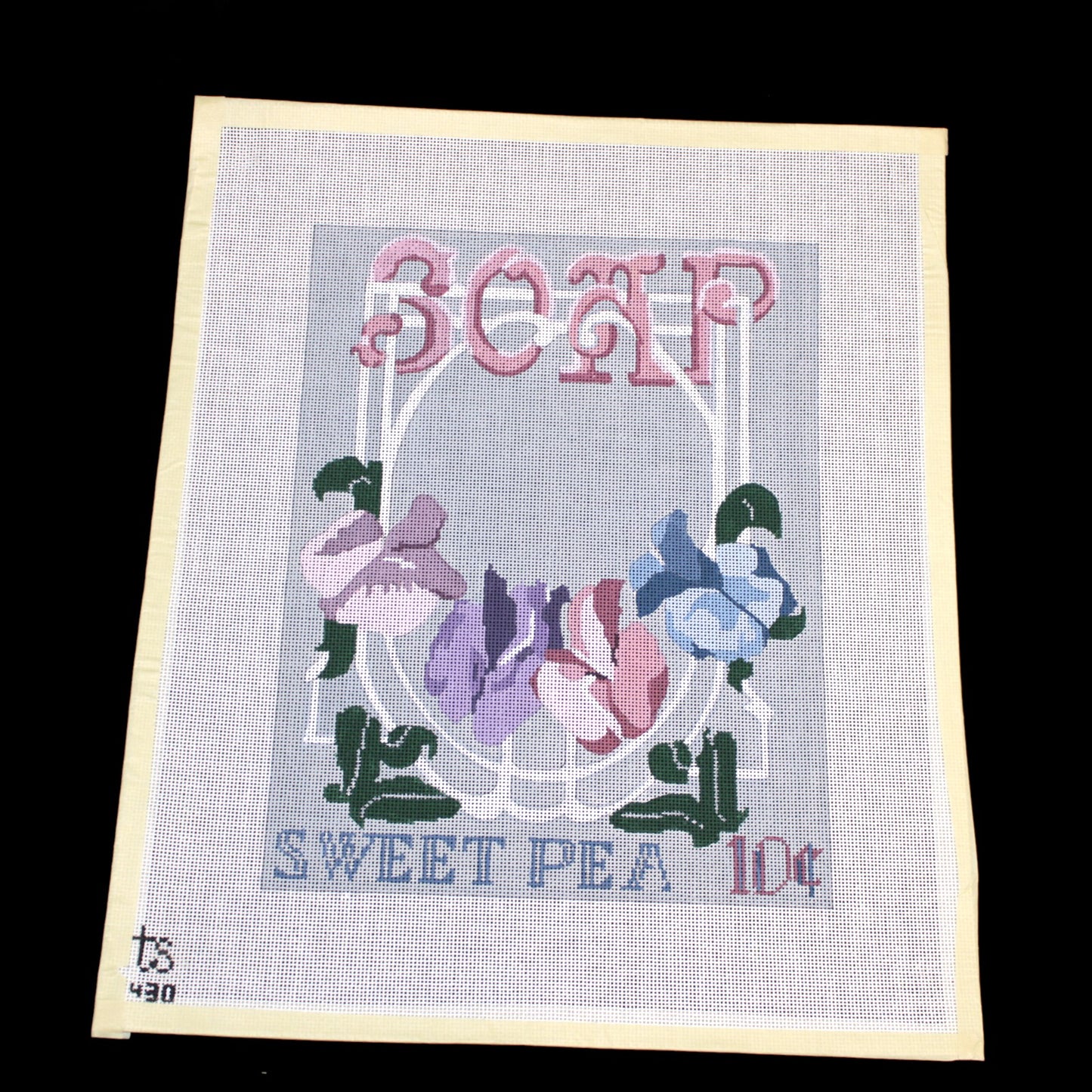 TS DESIGNS HP NEEDLEPOINT CANVAS: ADVERTISEMENTS SWEET PEA SOAP 10 CENTS BM1