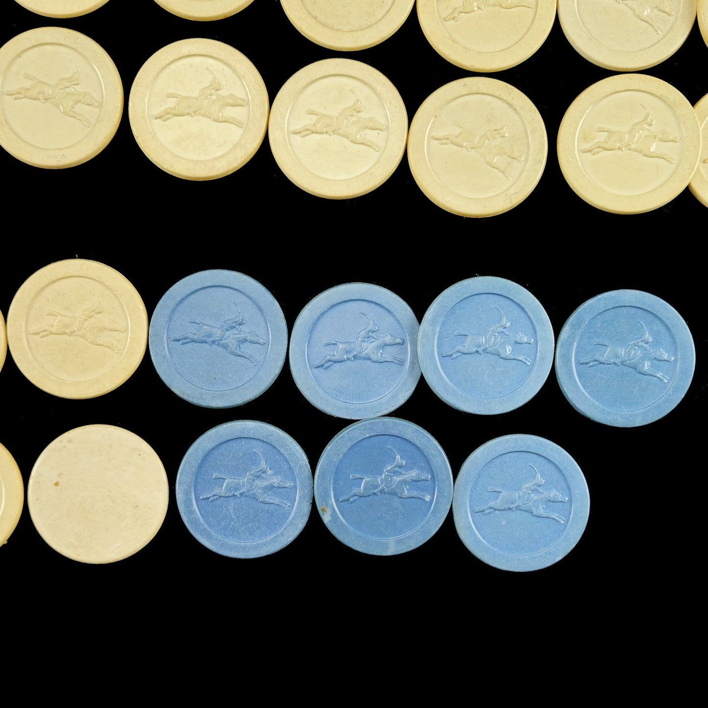 178 VINTAGE CLAY POKER CHIPS HORSE RACING / JOCKEY EMBOSSED: RED, WHITE, BLUE9