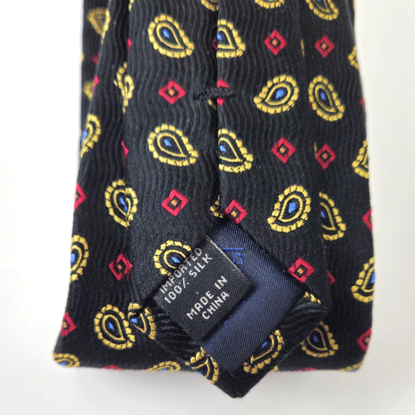 PREOWNED JOS.A.BANK MEN'S SILK TIE NECKTIE: BLACK / GOLD/ RED PAISLEY2