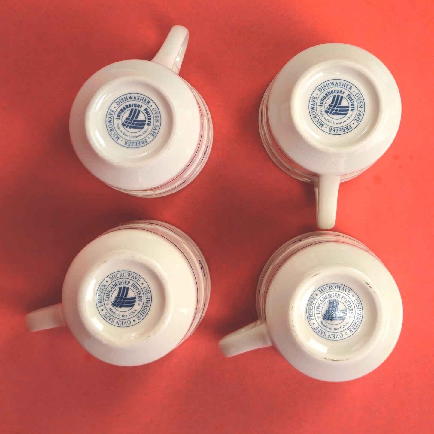 LONGABERGER POTTERY: WOVEN TRADITIONS BLUE 4 CUP & SAUCER, 4 EXTRA SAUCERS1