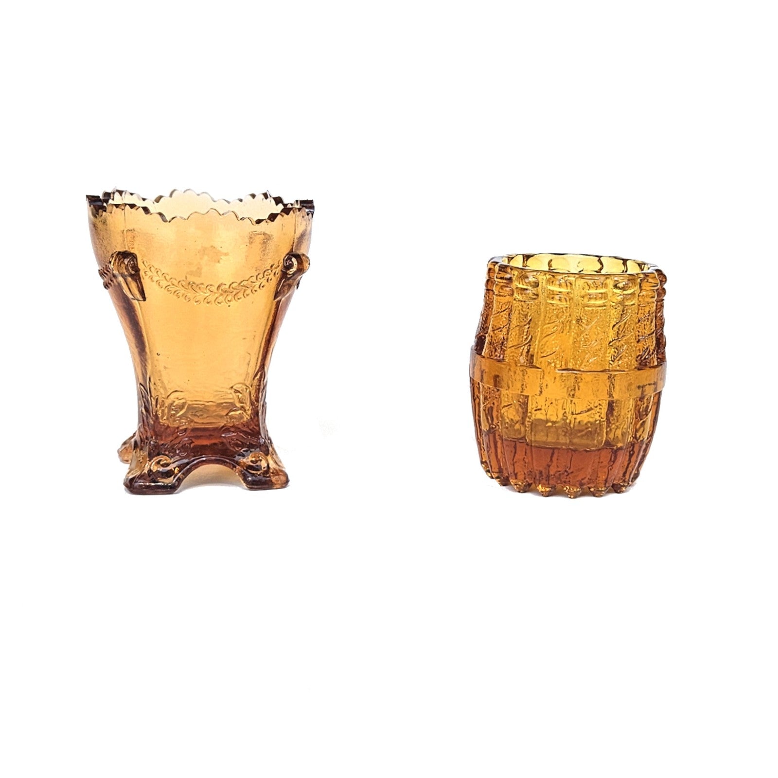 2 VINTAGE AMBER TOOTHPICK MATCH HOLDERS:  DEGENHART AND WHEELING WV      DJ1