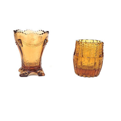 2 VINTAGE AMBER TOOTHPICK MATCH HOLDERS:  DEGENHART AND WHEELING WV      DJ1