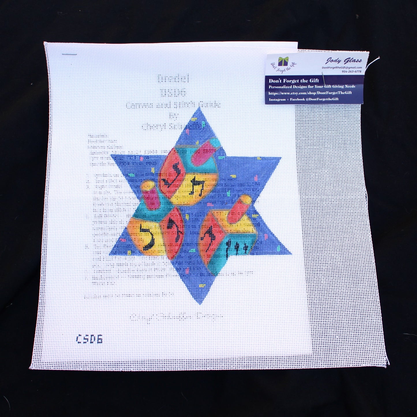 CHERYL SCHAEFFER HAND PAINTED NEEDLEPOINT CANVAS:  DREIDEL STAR OF DAVID    BM1