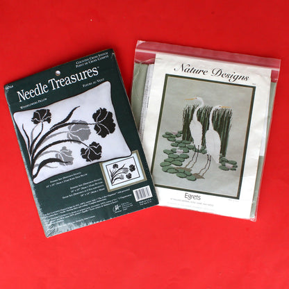 2 COUNTED CROSS STITCH KIT LOT:  EGRETS, WINDFLOWERS PILLOW  BM0