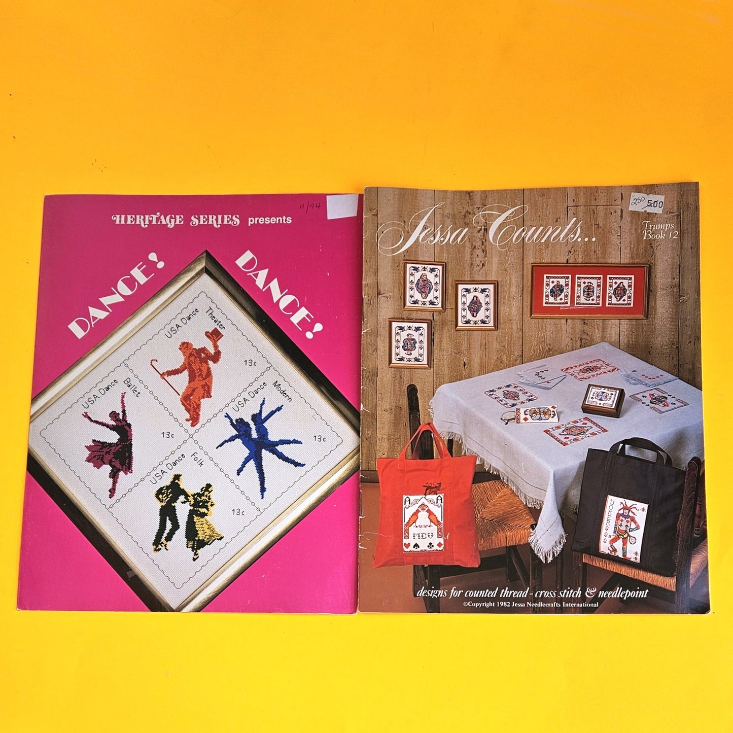 6 EMBROIDERY CHARTS:  PLAYING CARDS, DANCE STAMP, TEAPOT, BROKEN STAR    BM3