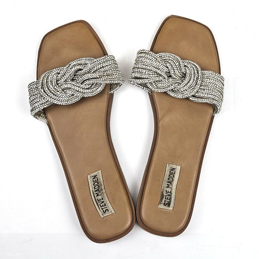 STEVE MADDEN WOMEN'S ADORE GLITTERY RHINESTONE KNOT FRONT SLIDE SANDAL  9M0