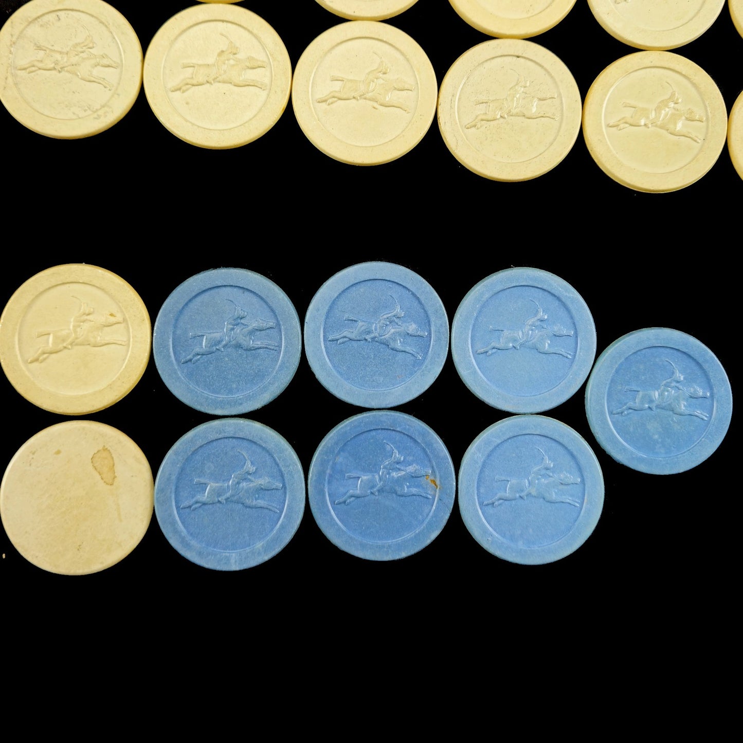 178 VINTAGE CLAY POKER CHIPS HORSE RACING / JOCKEY EMBOSSED: RED, WHITE, BLUE4