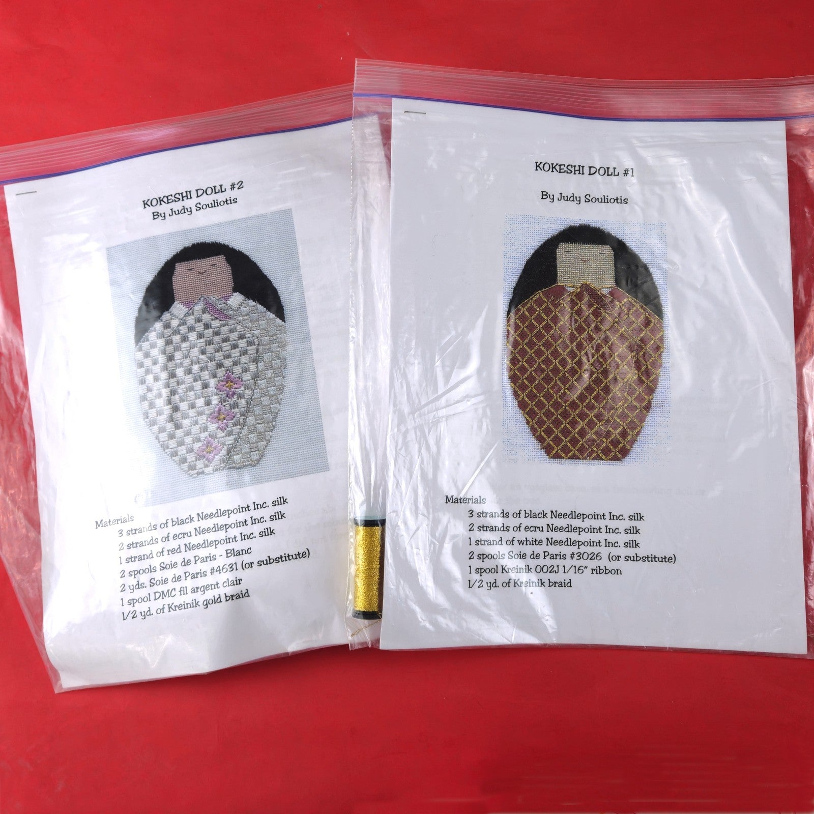 2 NEEDLEPOINT CANVAS, STITCH GUIDE, & THREADS:  KOKESHI DOLLS     BM0