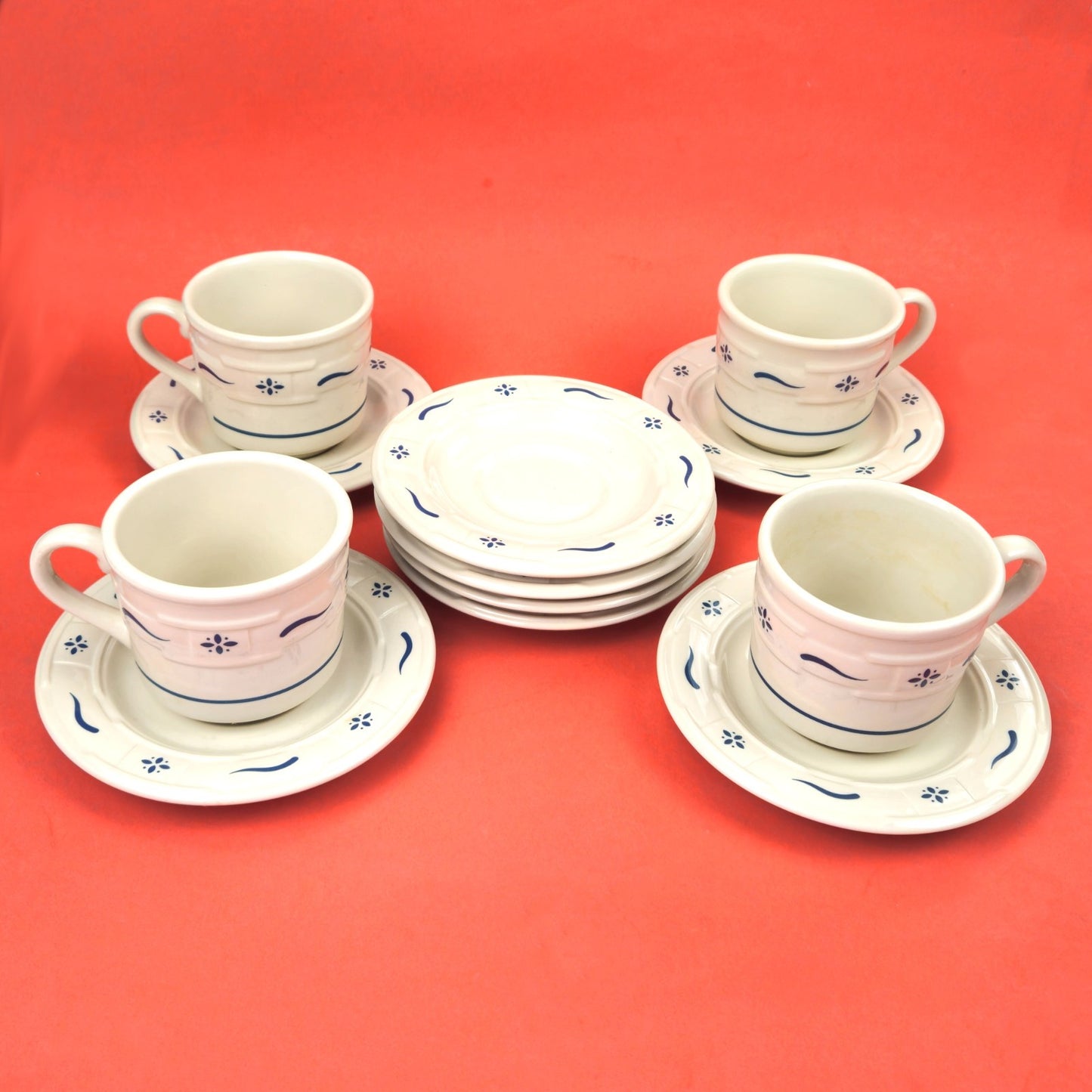 LONGABERGER POTTERY:  WOVEN TRADITIONS BLUE 4 CUP & SAUCER, 4 EXTRA SAUCERS0