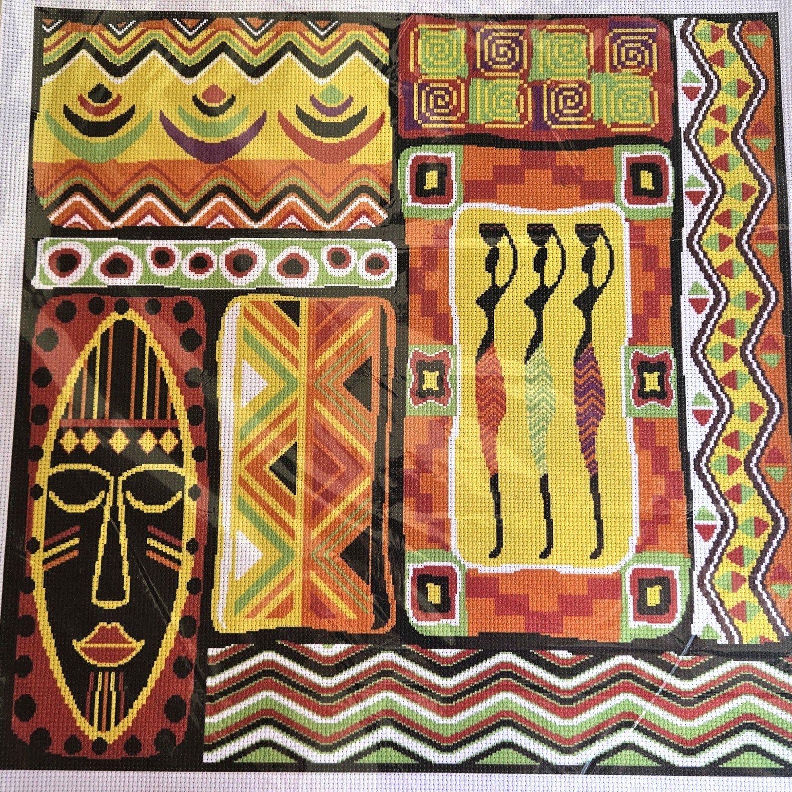 VIBRANT COLORED STAMPED IMAGE ON CROSS STITCH AIDA:  AFRICAN THEME  BM0