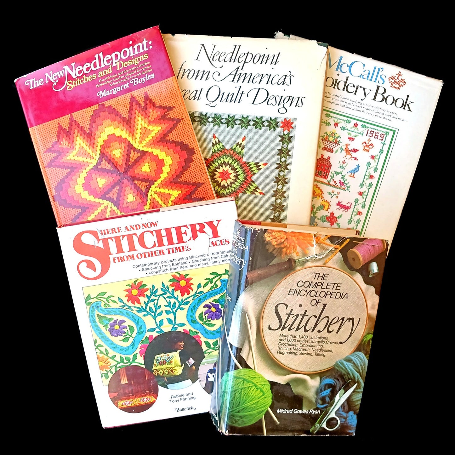 VINTAGE 5 NEEDLEPOINT STITCHERY BOOK LOT: MCCALLS EMBROIDERY, QUILT DESIGNS + BM0