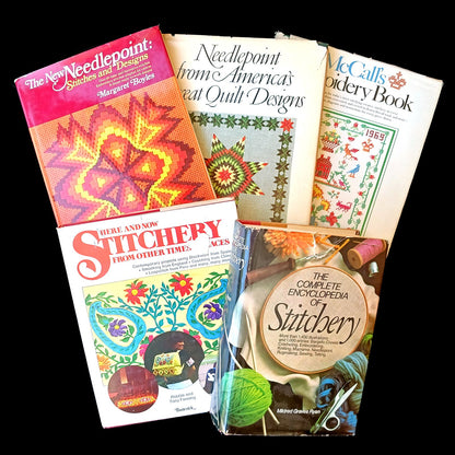 VINTAGE 5 NEEDLEPOINT STITCHERY BOOK LOT: MCCALLS EMBROIDERY, QUILT DESIGNS + BM0