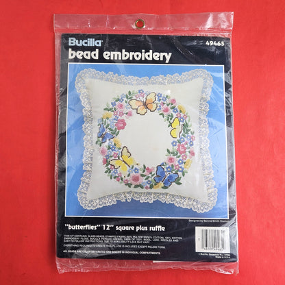 BUCILLA BEAD STAMPED EMBROIDERY KIT: BUTTERFLIES PILLOW   SL0