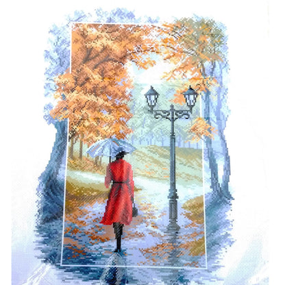 RUSSIAN DESIGNED CROSS STITCH AIDA:  WOMAN IN PARK FALL AUTUMN    BM0