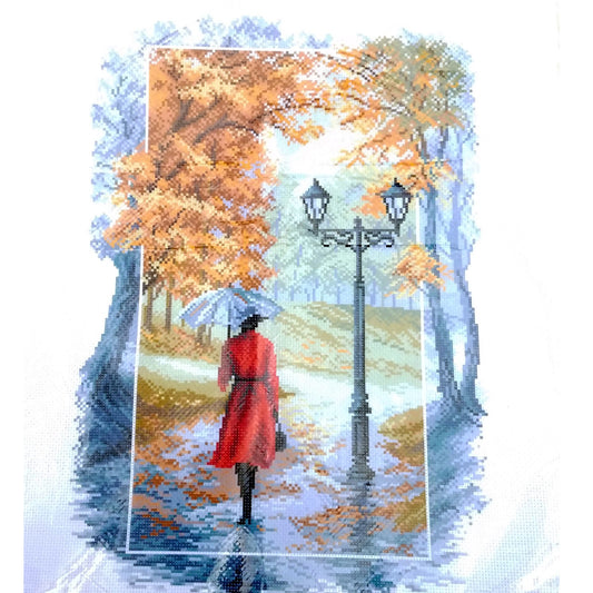 RUSSIAN DESIGNED CROSS STITCH AIDA:  WOMAN IN PARK FALL AUTUMN    BM0