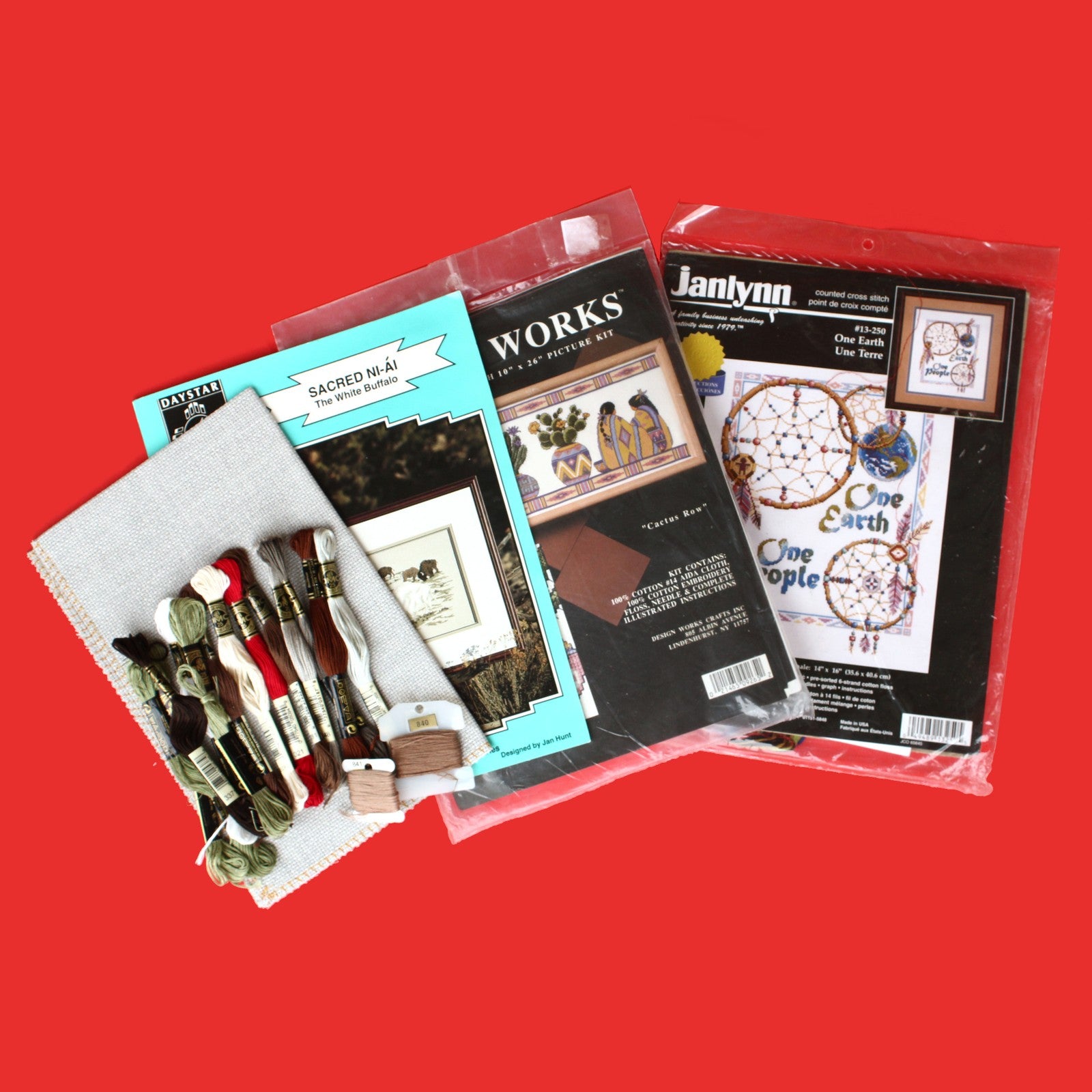 3 CROSS STITCH KIT LOT:  SOUTHWESTERN THEME DREAM CATCHER, CACTUS, BUFFALO  BM0