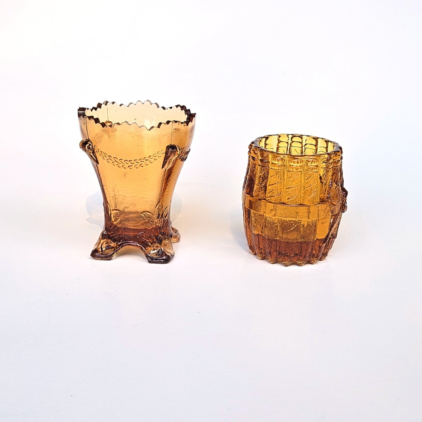 2 VINTAGE AMBER TOOTHPICK MATCH HOLDERS:  DEGENHART AND WHEELING WV      DJ3