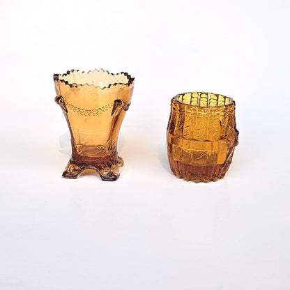 2 VINTAGE AMBER TOOTHPICK MATCH HOLDERS:  DEGENHART AND WHEELING WV      DJ3