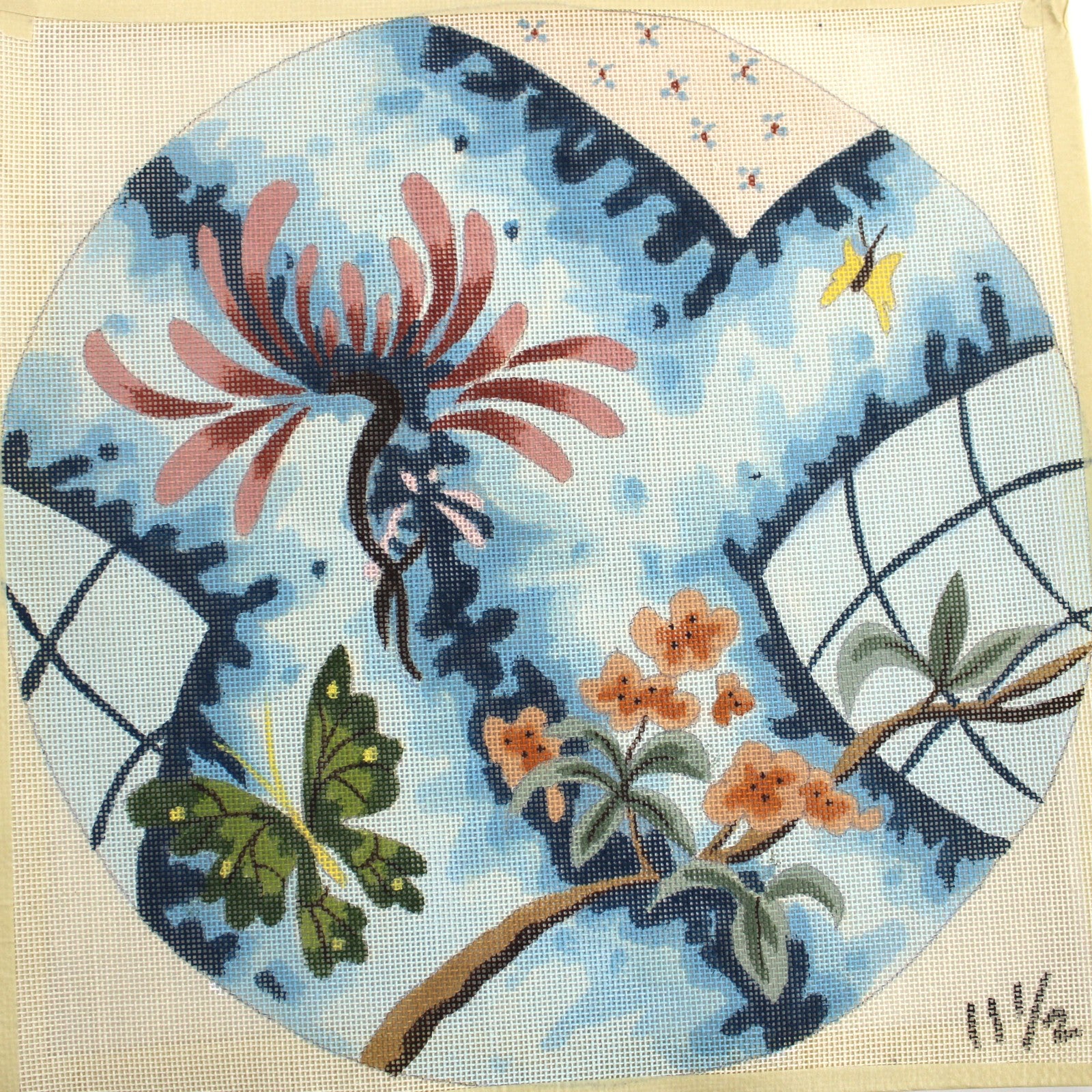 BEAUTIFUL HP NEEDLEPOINT CANVAS:  FLORAL BUTTERFLY ABSTRACT SEAT COVER  BM0