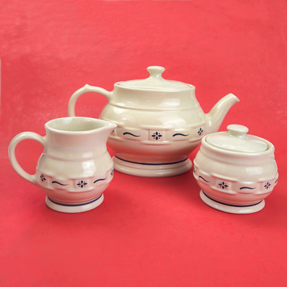 RETIRED LONGABERGER POTTERY LOT:  WOVEN TRADITIONS TEAPOT, CREAMER, SUGAR0