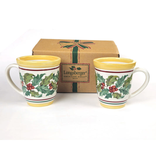 RETIRED LONGABERGER POTTERY:  2 CHRISTMAS AMERICAN HOLLY  MUGS  #30450  NIB0