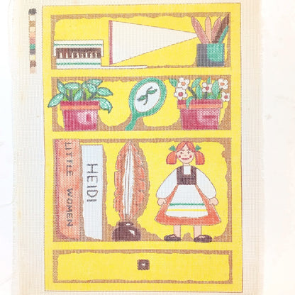 VINTAGE OOAK HAND PAINTED NEEDLEPOINT CANVAS:  WHIMSICAL BOOKSHELF DOLL      BM0