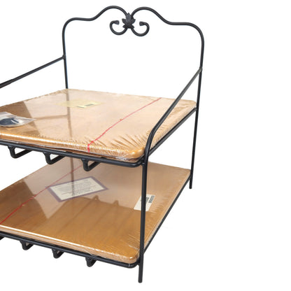 LONGABERGER WROUGHT IRON 2 TIER PAPER TRAY STAND WITH WOODEN SHELVES NEW2