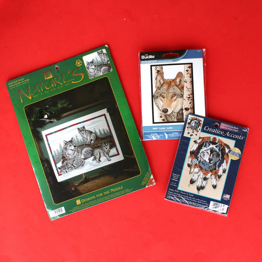 3 COUNTED CROSS STITCH KIT LOT:  WOLF, SOUTHWEST THEME BM0