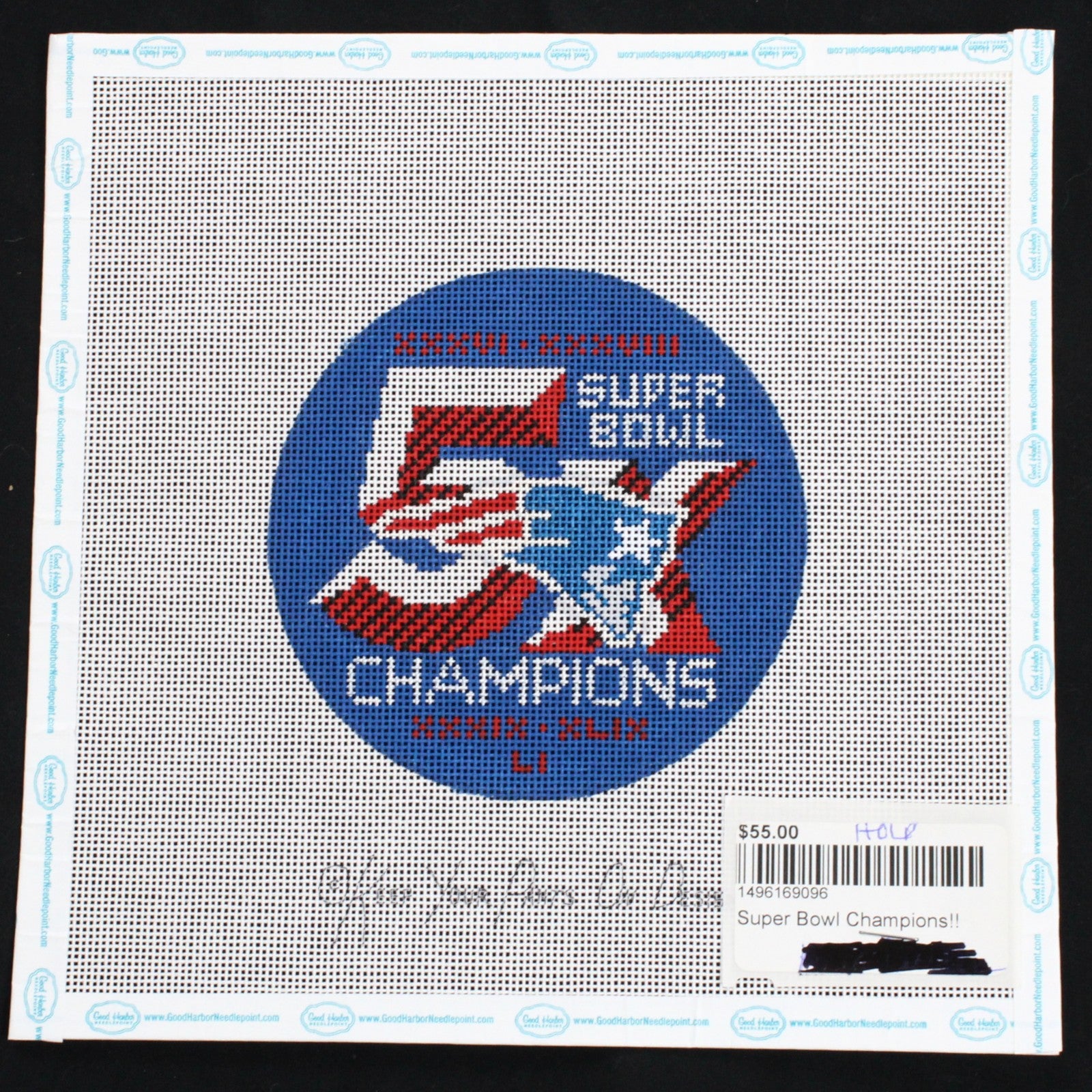 KEEP YOUR PANTS ON HP NEEDLEPOINT CANVAS: PATRIOTS 5X CHAMPIONS ORNAMENT     BM1