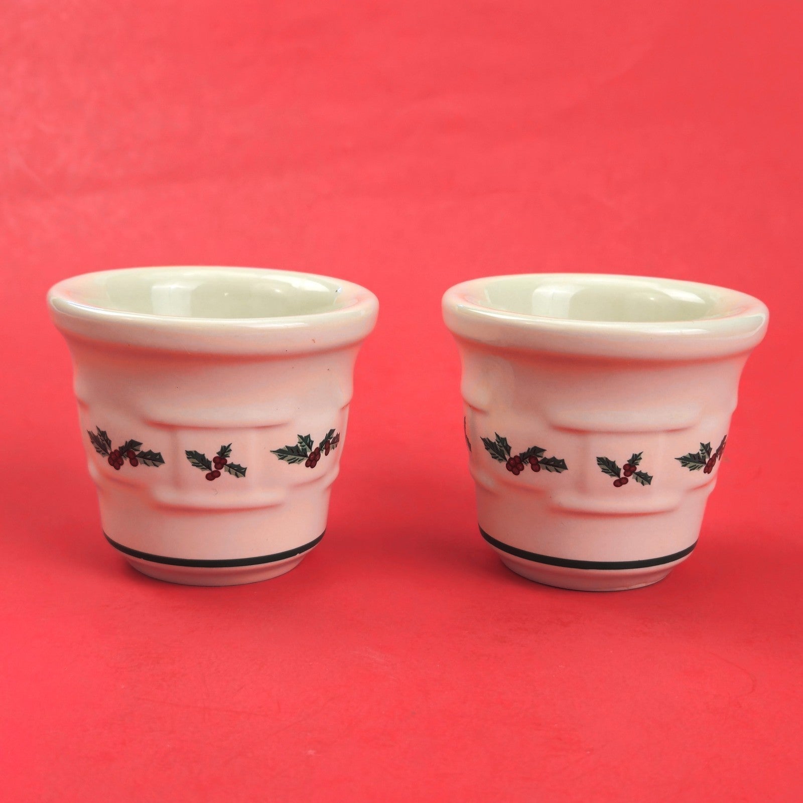 RETIRED LONGABERGER POTTERY: 2 CHRISTMAS TRADITIONAL HOLLY VOTIVE CANDLE HOLDERS0