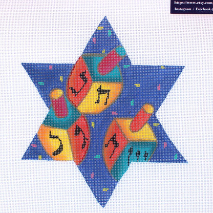 CHERYL SCHAEFFER HAND PAINTED NEEDLEPOINT CANVAS:  DREIDEL STAR OF DAVID    BM0