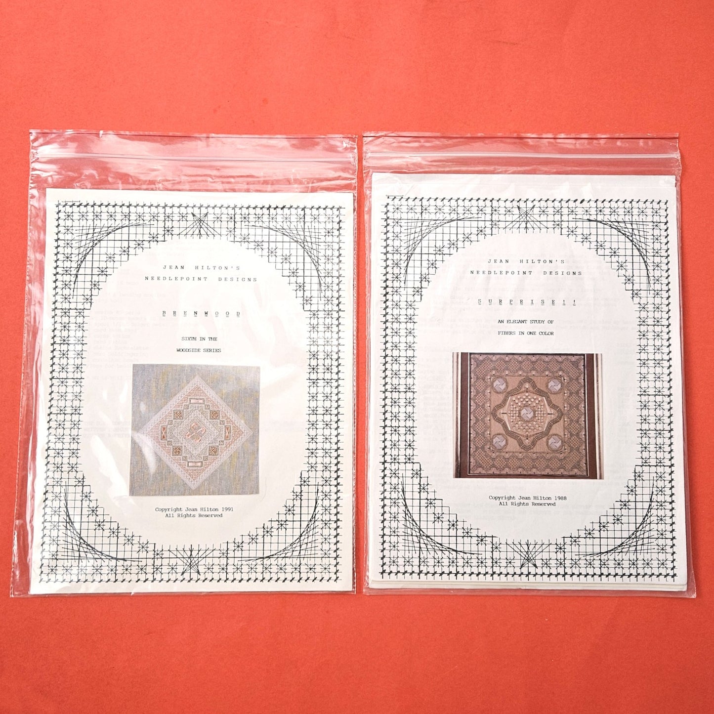 2 JEAN HILTON NEEDLEPOINT SG LOT: FIBERS IN ONE COLOR, SIXTH IN WOODSIDE SER  BM0