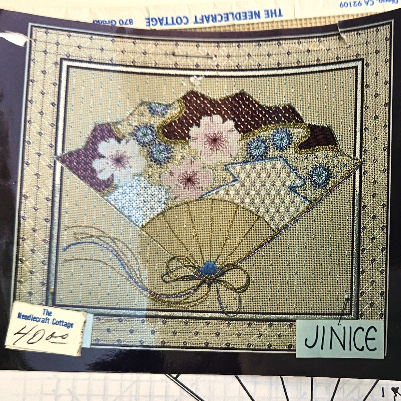 JINICE NEEDLEPOINT CANVAS. SG:  CHERRY BLOSSOM ON SANDSTONE FAN DRAWN DESIGN  BM0