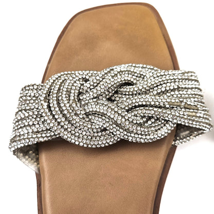 STEVE MADDEN WOMEN'S ADORE GLITTERY RHINESTONE KNOT FRONT SLIDE SANDAL  9M2