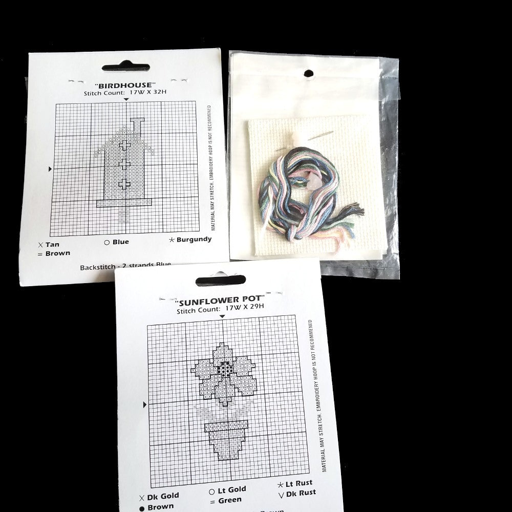 6 MINI CROSS STITCH KIT LOT:  FLOWER, BIRTHDAY, CHECK BOOK COVER, PSU, BOXES  BM2