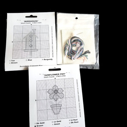 6 MINI CROSS STITCH KIT LOT:  FLOWER, BIRTHDAY, CHECK BOOK COVER, PSU, BOXES  BM2