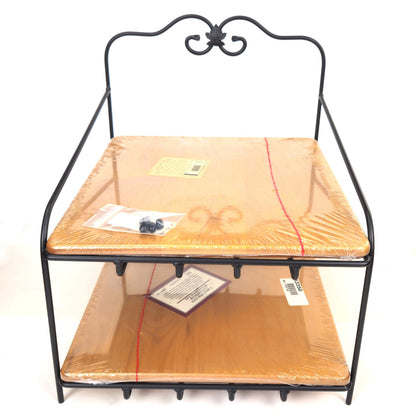 LONGABERGER WROUGHT IRON 2 TIER PAPER TRAY STAND WITH WOODEN SHELVES NEW0