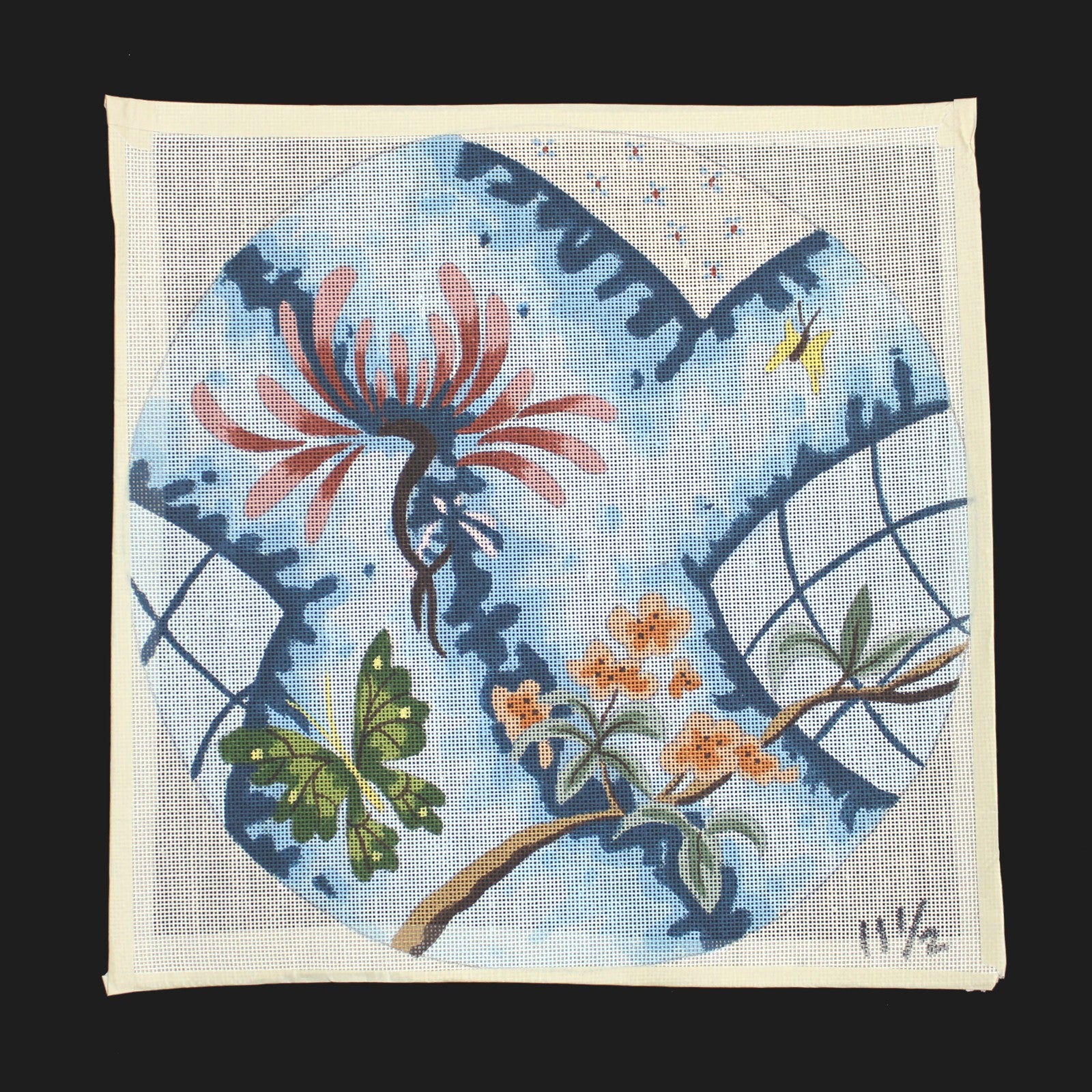 BEAUTIFUL HP NEEDLEPOINT CANVAS:  FLORAL BUTTERFLY ABSTRACT SEAT COVER  BM1