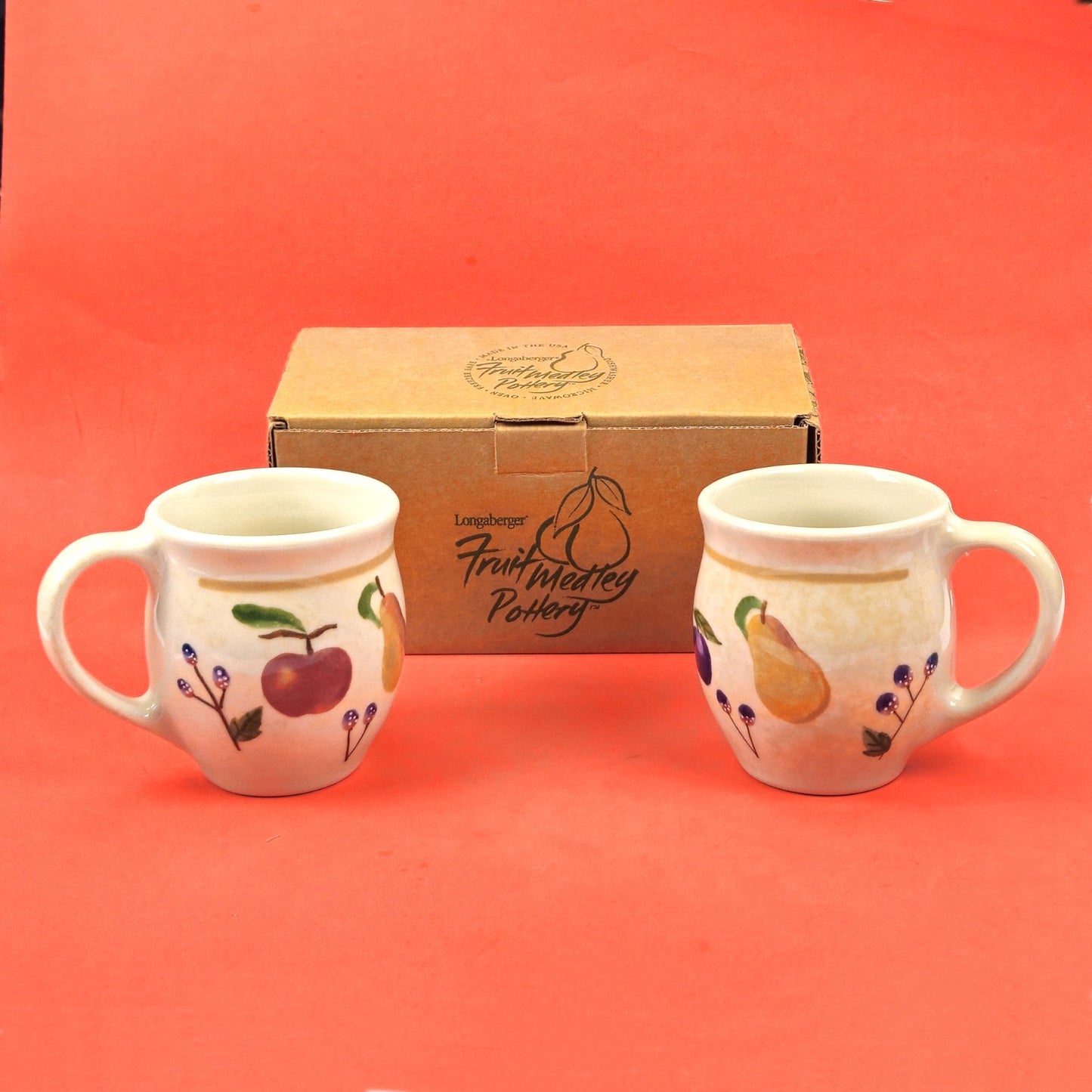 2 LONGABERGER FRUIT MEDLEY VITRIFIED POTTERY 16 OZ MUGS0