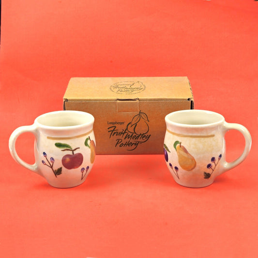 2 LONGABERGER FRUIT MEDLEY VITRIFIED POTTERY 16 OZ MUGS0