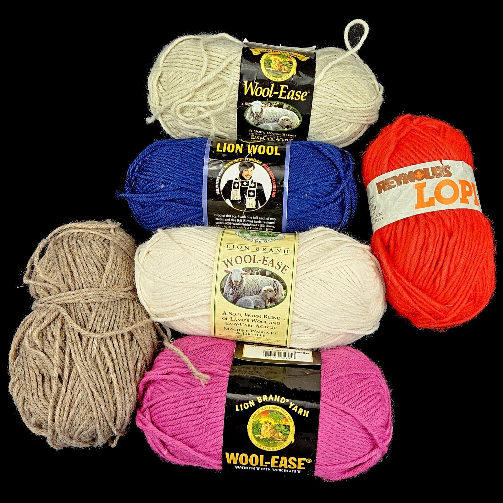 6 SKEINS WOOL & WOOL BLEND YARN LOT:    LION BRAND, LOPI0