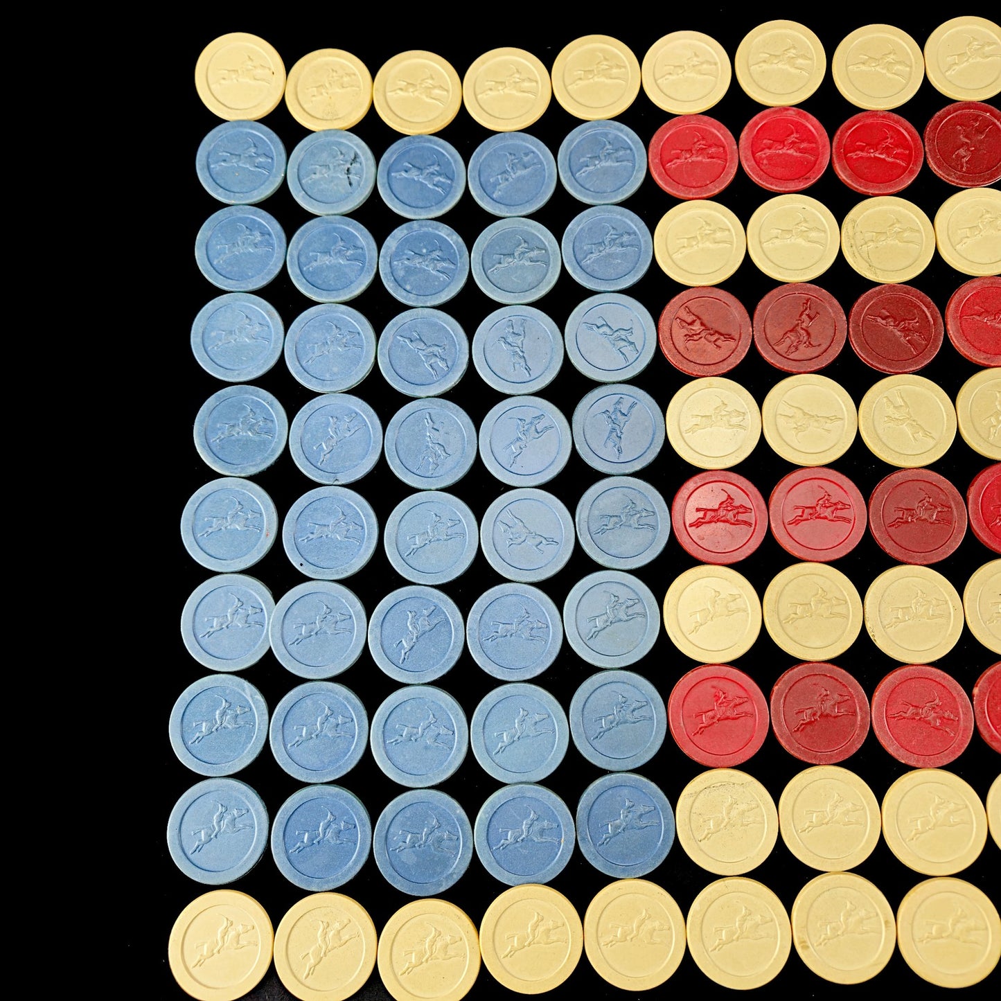 178 VINTAGE CLAY POKER CHIPS HORSE RACING / JOCKEY EMBOSSED: RED, WHITE, BLUE1