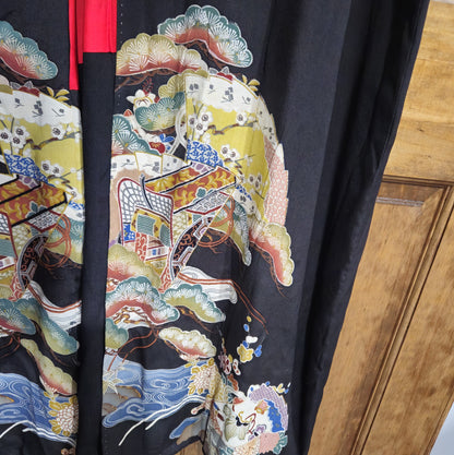 VINTAGE JAPANESE TOMESODE SILK FABRIC ROBE KIMONO TREE DESIGN2