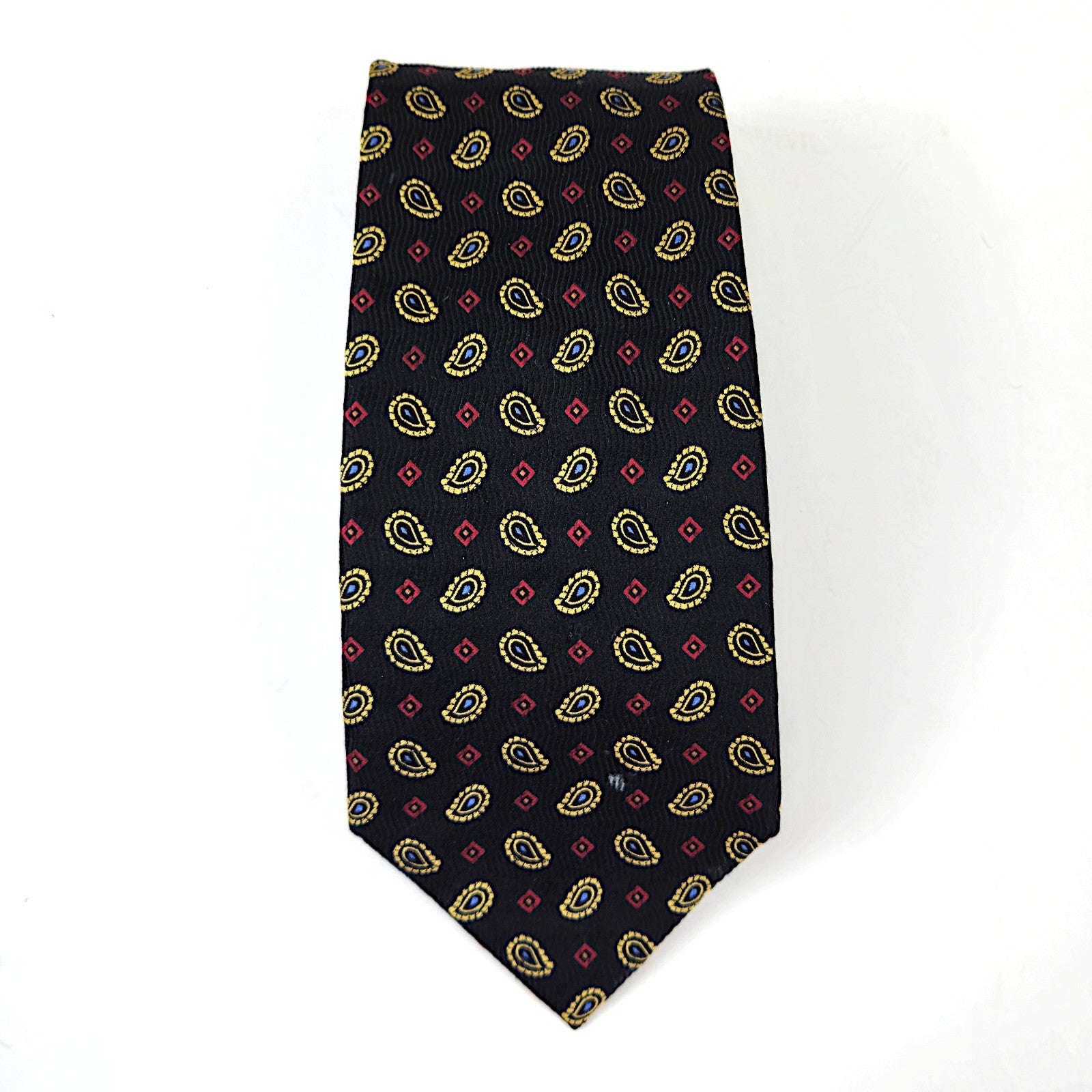 PREOWNED JOS.A.BANK MEN'S SILK TIE NECKTIE:  BLACK / GOLD/ RED PAISLEY0