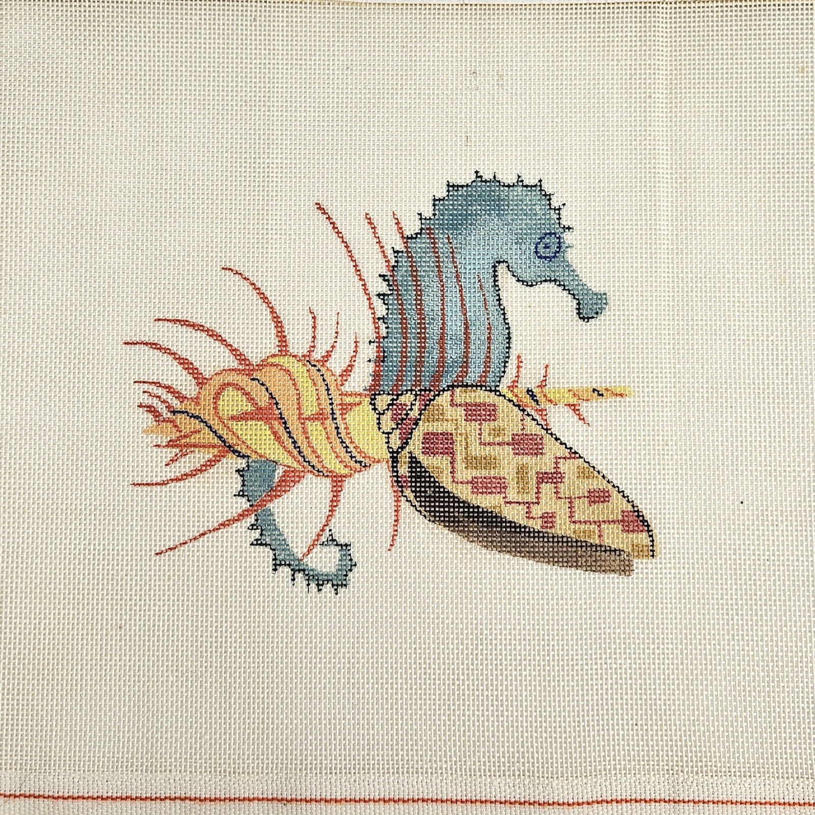 HAND PAINTED NEEDLEPOINT CANVAS:  SEAHORSE SEASHELL OCEAN THEME      BM0