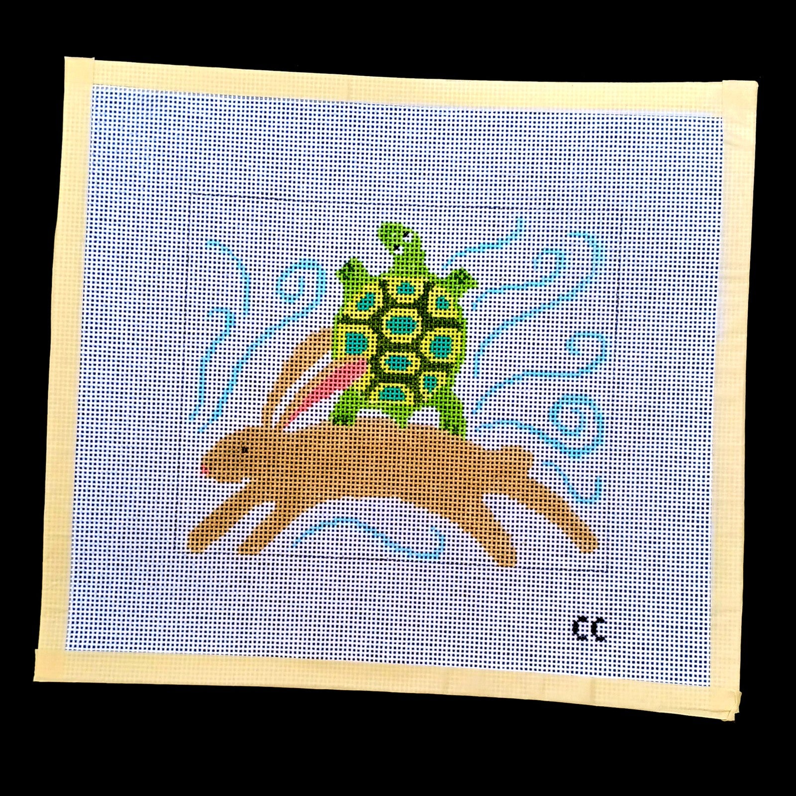 HAND PAINTED NEEDLEPOINT CANVAS:  TORTOISE & THE HARE AESOP'S FABLE    BM1