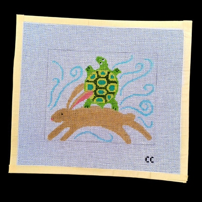 HAND PAINTED NEEDLEPOINT CANVAS:  TORTOISE & THE HARE AESOP'S FABLE    BM1