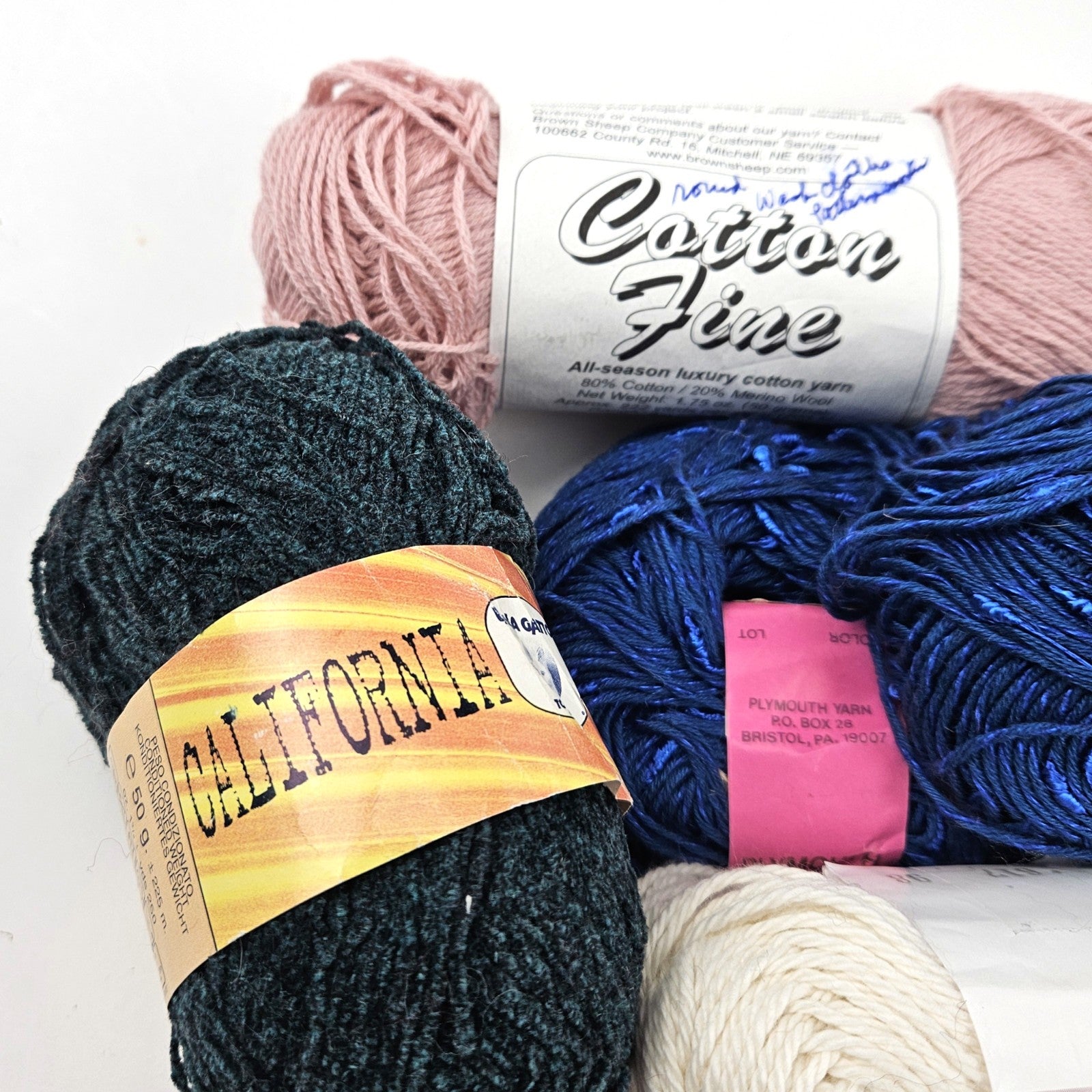 VARIETY COTTON YARN LOT:  11 OZ  PLYMOUTH YARN, LANA GATTO, BROWN SHEEP2