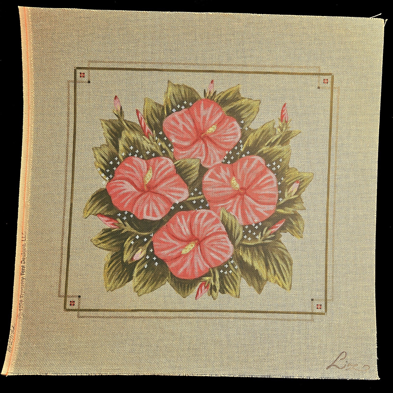 LIZ GOODRICK DILLON HP NEEDLEPOINT CANVAS OOAK: HIBISCUS PILLOW   GG1
